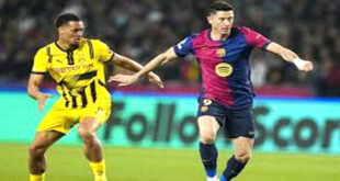 Par- alarabtv Le FC Barcelone a corrigé le Borussia Dortmund en quart de finale aller de Ligue des champions. Les Catalans ont fait mordre la poussière aux Allemands grâce à leur trio offensif.  Porté par son irrésistible trident offensif, Lamine Yamal, Raphinha et Robert Lewandowski, tous décisifs, le FC Barcelone a fait mercredi un grand pas vers les demi-finales de la Ligue des champions en corrigeant le Borussia Dortmund (4-0) en quart de finale aller.